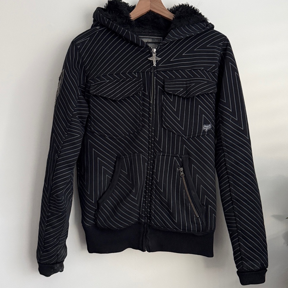 Fox Racing Sasquatch Hoodie faux Fur Lined Zip Up Y2k Thick Metal Zipper Black S